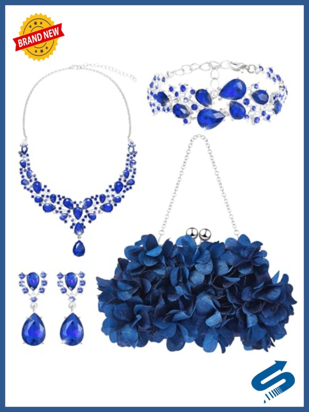 4 Pc Rhinestone Jewelry Set with Flower Clutch & Detachable Strap